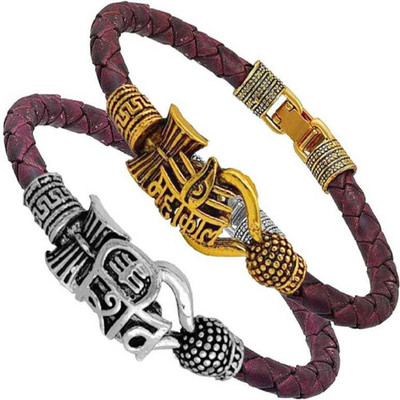 Pratima Brass, Leather Gold-plated, Silver Kada(Pack of 2)