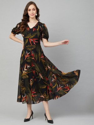 RARE Women Fit and Flare Black Midi/Calf Length Dress