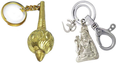 Rashi Traders 2 Golden Gada & Shiv Ji (Bhole Baba) With Om Locking Hook Silver Key Chain Key Chain