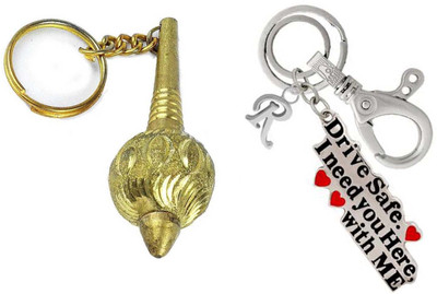 Rashi Traders 2 Golden Gada & Drive Safe, I Need You Here With Me With Alphabet R Silver Key Chain Key Chain