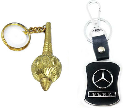 Rashi Traders 2 Golden Gada & Mercedes Logo For Car Black Leather Key Chain Key Chain