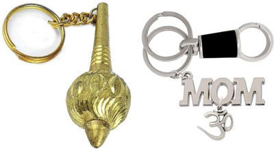 Rashi Traders 2 Golden Gada & Om And Mom Heavy Locking Silver Key Chain Key Chain