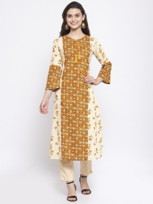 indibelle Women Floral Print Straight Kurta(Yellow)