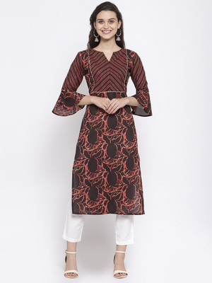 indibelle Women Abstract Straight Kurta(Brown)