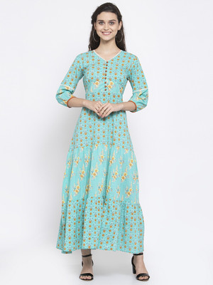 indibelle Women Floral Print A-line Kurta(Blue)