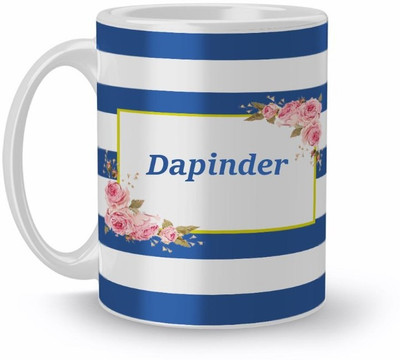 Beautum Name Dapinder Blue Stripes Pattern Printed White Ceramic (350)ml Model No:NVS4278 Ceramic Coffee Mug(350 ml)