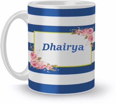 Beautum Name Dhairya Blue Stripes Pattern Printed White Ceramic (350)ml Model No:NVS4702 Ceramic Coffee Mug(350 ml)