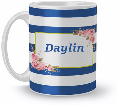 Beautum Name Daylin Blue Stripes Pattern Printed White Ceramic (350)ml Model No:NVS4417 Ceramic Coffee Mug(350 ml)