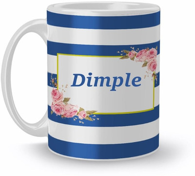 Beautum Name Dimple Blue Stripes Pattern Printed White Ceramic (350)ml Model No:NVS4979 Ceramic Coffee Mug(350 ml)