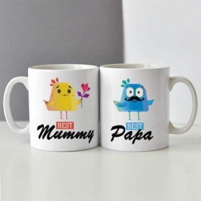 ADRON Mummy And Papa Printed White Coffe Ceramic Coffee Mug(330 ml, Pack of 2)