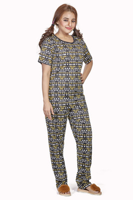 LABEL MY Women Graphic Print Black Top & Pyjama Set