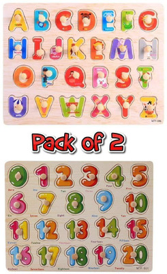 Shoro Set of 2 Wooden Learning Board with Knob- Capital Alphabets Puzzle Learning Board for Kids, 123 Number Learning Board for Kids,(49 Pieces)