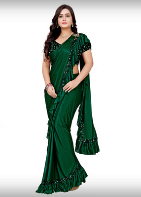 Jinapatel Solid/Plain Bollywood Lycra Blend Saree(Dark Green)