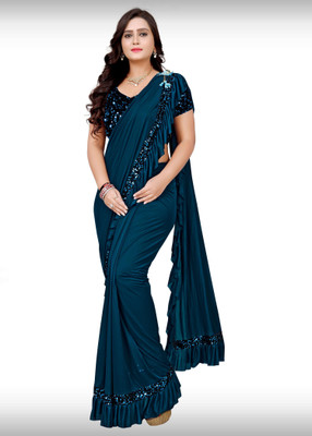 Jinapatel Solid/Plain Bollywood Lycra Blend Saree(Dark Blue)