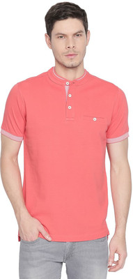 BASICS Solid Men Mandarin Collar Red T-Shirt