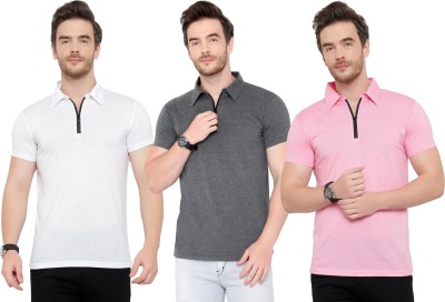 Adorbs Solid Men Polo Neck White, Pink, Grey T-Shirt