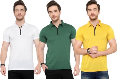 Adorbs Solid Men Polo Neck White, Green, Yellow T-Shirt