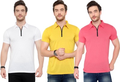 Tivy Solid Men Polo Neck White, Pink, Yellow T-Shirt