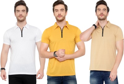 Adorbs Solid Men Polo Neck White, Beige, Yellow T-Shirt