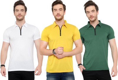 Adorbs Solid Men Polo Neck Dark Green, White, Yellow T-Shirt