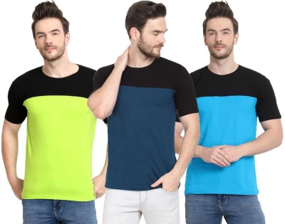 Diwazzo Colorblock Men Round Neck Dark Blue, Light Blue, Light Green T-Shirt