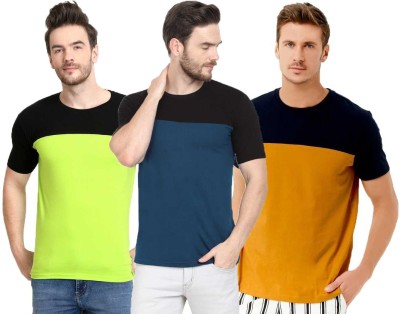 Diwazzo Colorblock Men Round Neck Dark Blue, Light Green, Yellow T-Shirt