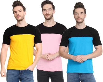 Diwazzo Colorblock Men Round Neck Light Blue, Pink, Yellow T-Shirt
