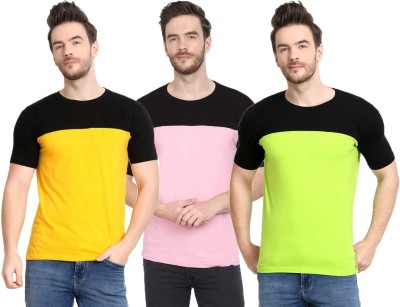 Diwazzo Colorblock Men Round Neck Pink, Yellow, Light Green T-Shirt