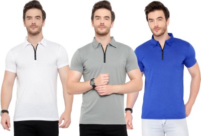 Adorbs Solid Men Polo Neck White, Blue, Grey T-Shirt