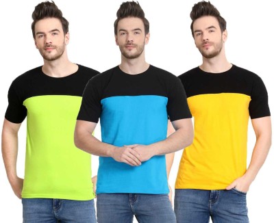 Diwazzo Colorblock Men Round Neck Light Blue, Light Green, Yellow T-Shirt