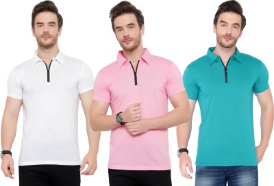 Adorbs Solid Men Polo Neck Light Blue, White, Pink T-Shirt