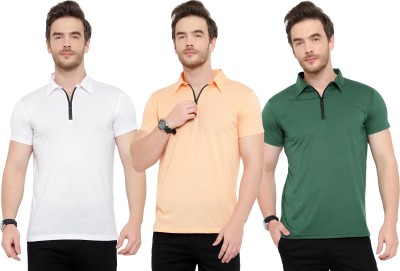 Tivy Solid Men Polo Neck Green, White, Pink T-Shirt