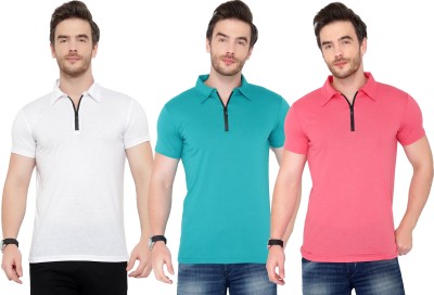 Adorbs Solid Men Polo Neck White, Blue, Pink T-Shirt