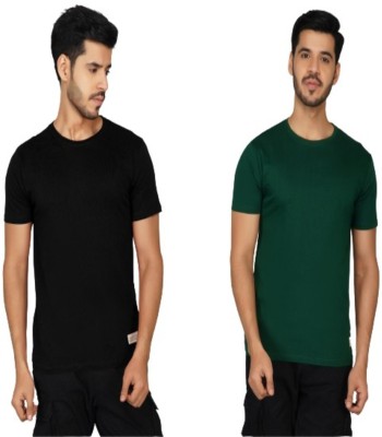 Vastr Solid Men Round Neck Green, Black T-Shirt