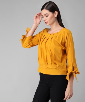 Annectant Casual 3/4 Sleeve Solid Women Yellow Top