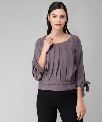 Annectant Casual 3/4 Sleeve Solid Women Grey Top