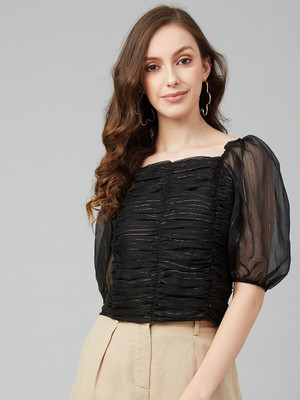 Marie Claire Casual Puff Sleeve Self Design Women Black Top