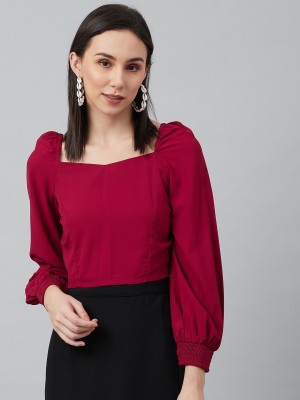 Marie Claire Casual Puff Sleeve Solid Women Maroon Top