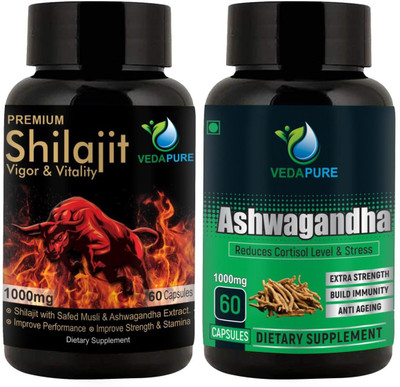 Vedapure Shilajit Vigor & Vitality + Ashwagandha (Withania Somnifera) (COMBO PACK)�(Pack of 2, 120 Capsules)