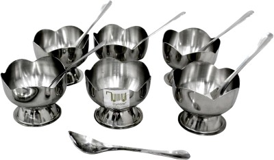 Dynore Stainless Steel Dessert Bowl Set of 12 - 6 Lotus ice cream cup and 6 ice cream spoon(Pack of 12, Silver)