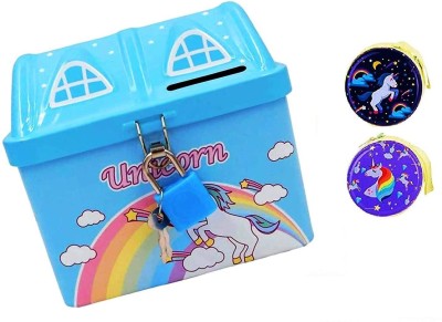 FATFISH Pack of 1 House Shape Unicorn Printed Metal Coin Bank Piggy Bank with 2 Small Metal Coin Pouch for Kids with Lock and Key Coin Bank Design is Unicorn Imprint Coin Bank Coin Bank(Multicolor)