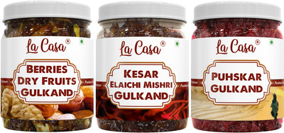 La Casa Pushkar 3 Flavors Gulkand | Combo Pack of 3 | Plain + Dry Fruits & Berries + Elaichi, Saffron & Mishri Gulkand Combo |(1200 g, Pack of 3)