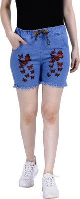 FABS Collection Short For Girls Casual Printed Denim(Light Blue, Pack of 1)