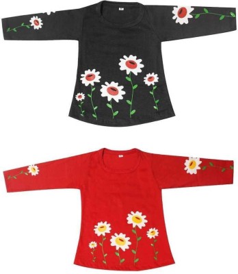 UrbanBunai Girls Floral Print Pure Cotton T Shirt(Multicolor, Pack of 2)