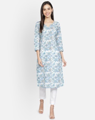 Sanskritam Women Printed Straight Kurta(White, Blue)