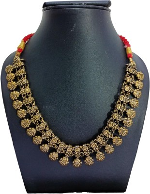 athizay athizay Matte Gold Necklaces with Golden Red drawstring Ethnic Collar Thread Jewellery For Women Fashion Brass, Fabric Choker