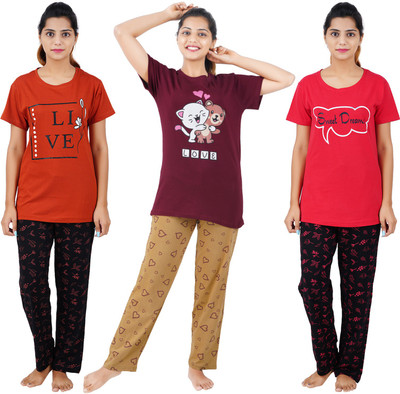 BEFLI Women Printed Orange, Red, Maroon Night Suit Set