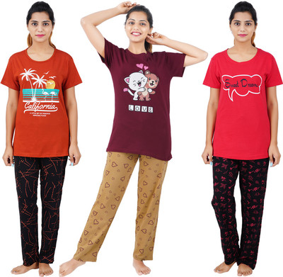 BEFLI Women Printed Orange, Red, Maroon Night Suit Set