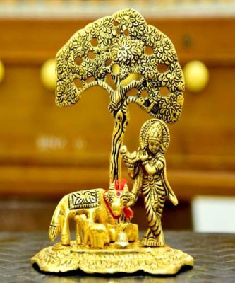 LOTUS RISE Metal Krishna with Cow Standing Under Tree Playing Flute / Krishna Murti / Krishna Cow Idol / Krishna Showpiece / God Idols / Brass Finish Showpiece Decorative Showpiece - 17 cm (Metal, Gold) Decorative Showpiece  -  7 cm(Brass, Gold)