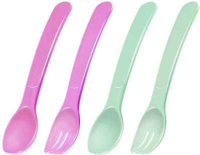 UNIH Baby Fork and Spoon Set,BPA-Free Toddler Training Tableware Baby Utensils Infant Self-Feeding Flatware Baby Feeding Set for Newborn Kids Girls Boys(Pack of 2,Green&Pink) Plastic Soup Spoon, Ice-cream Spoon, Dessert Spoon, Table Spoon Set(Pack of 4)